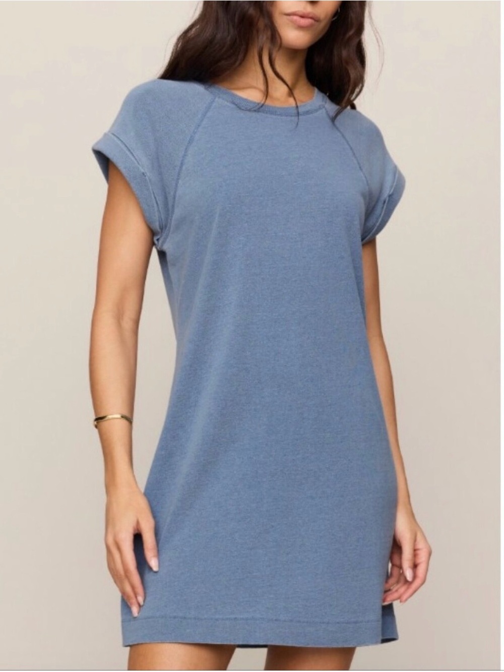 NWT! Hippie Rose Dusty Blue Short Sleeve Sweatshirt Dress. Exposed Seams. XS